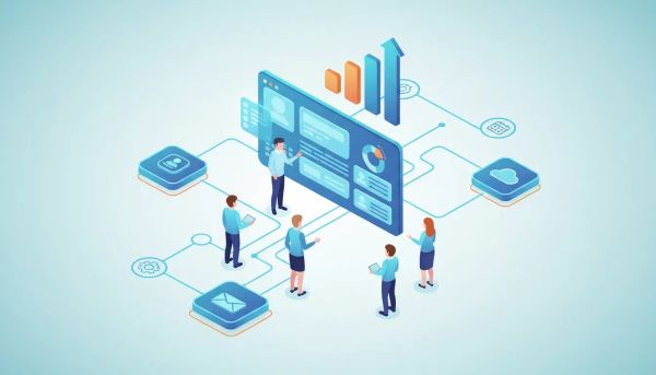 Isometric 3D illustration of a marketing agency dashboard with automated workflows linking team members and client sub-accounts, symbolizing setup and scaling