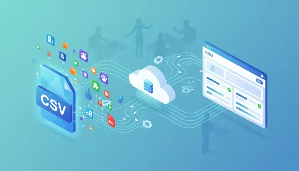 Isometric illustration of a CRM dashboard bulk importing hundreds of colorful custom object icons (companies, properties, pets, orders) from a CSV into a cloud-based system with progress bar