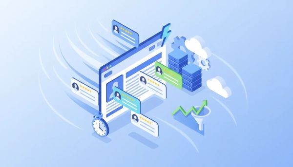 Isometric illustration of a fast-loading website with floating testimonial widgets, server infrastructure, and an upward analytics graph, symbolizing faster reputation widgets improving conv
