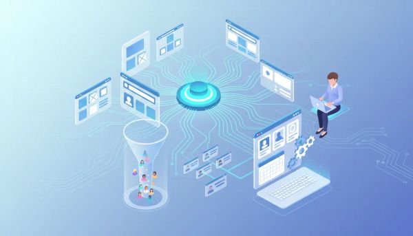 Isometric illustration of AI-powered website and funnel generation connecting landing pages, a lead funnel, and CRM/appointment workflow for marketing agencies