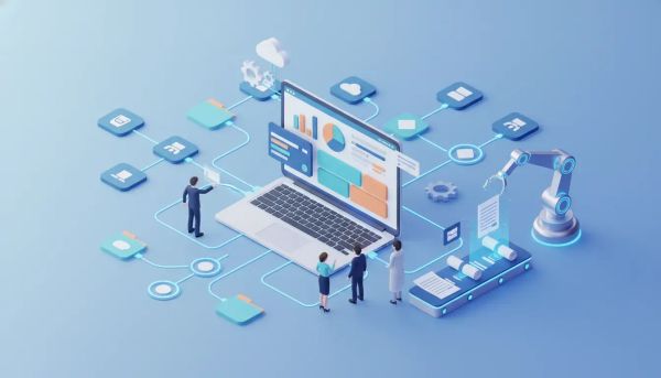 Isometric illustration of automated marketing audit reports flowing from a CRM dashboard to multiple client accounts with gears, glowing workflow lines, and agency team members
