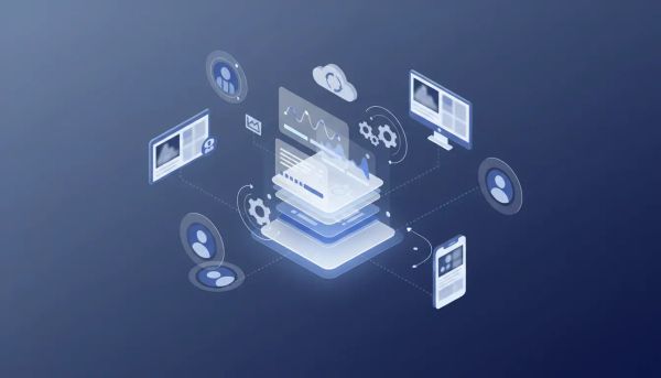 Isometric illustration of an agency deploying LinkedIn ad campaign templates via HighLevel snapshots across multiple client accounts, showing template cards, client connections, charts, and 