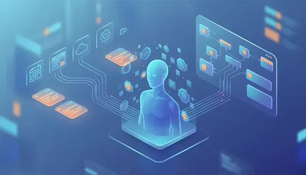 Abstract illustration of an AI agent studio dashboard showing a central virtual assistant with reusable custom value tokens and glowing data streams connecting multiple variable sources like