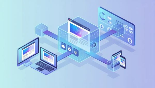 Isometric 3D illustration of a WordPress-style website being packaged into digital 'snapshots' and deployed from a central agency dashboard to multiple client devices, symbolizing HighLevel 