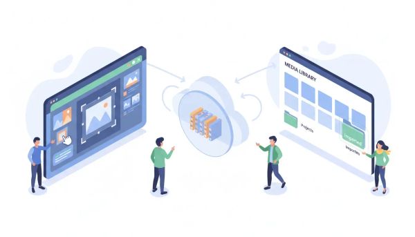 Isometric illustration of a design editor syncing images to a marketing platform media library via a cloud folder, with thumbnails, arrows indicating one-click import, and team members colla