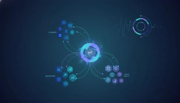 Illustration of a CRM data hub with glowing connections linking company, opportunity, and custom object records for a unified 360-degree view.
