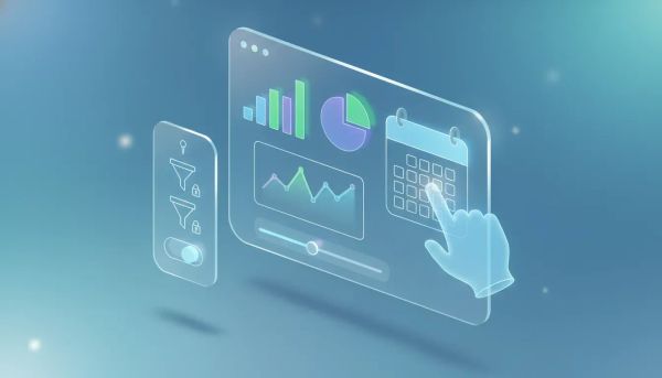 Floating dashboard illustration with a highlighted date range calendar and pinned filter icons showing persistent filters
