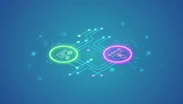 Abstract workflow illustration with two glowing goal nodes: a receipt with a green checkmark for invoice paid and a star rating being clicked for review request clicked, connected by neon au