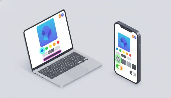 Minimalist illustration of an e-commerce product page on a laptop and smartphone showing visual variant selectors like color swatches, size chips, material tiles, and bundle toggles
