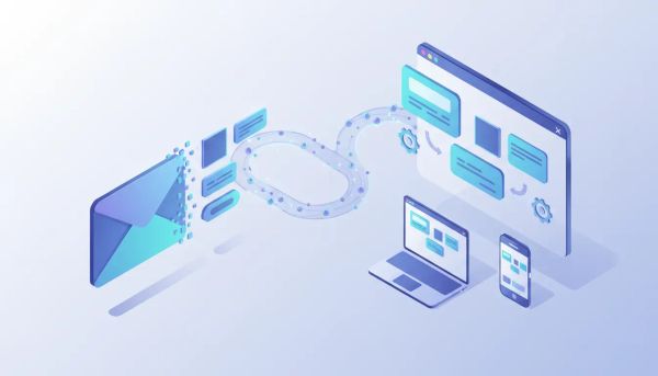 Isometric illustration of an email envelope transforming into editable template blocks flowing into a CRM dashboard with AI data lines and automation icons