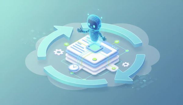 Cloud-based knowledge base with stylized web pages, circular refresh arrows and an AI assistant, representing auto-refresh for HighLevel knowledge base links