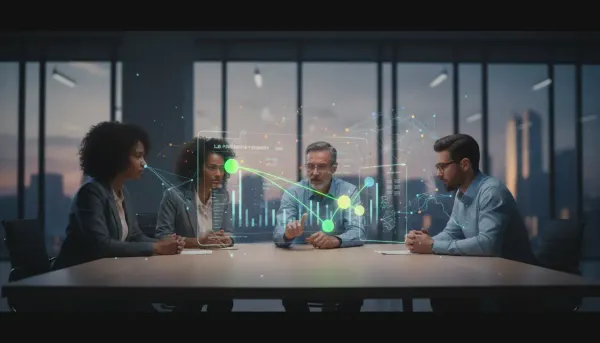 Sales team around an AI-powered holographic lead-scoring dashboard prioritizing high-value leads