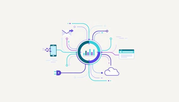Illustration of inbound webhooks sending external data into a central HighLevel CRM hub with connected integration sources and automated workflow lines.