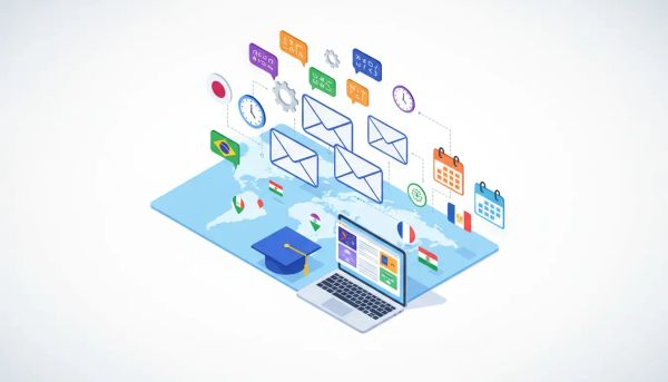 Vector illustration of localized course emails: envelopes over a world map with flags, a laptop showing course tiles, gears for automation, clocks and calendar icons, and speech bubbles with