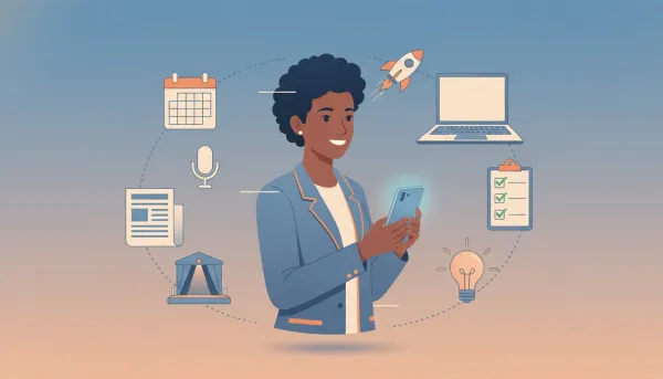 Illustration of a professional person surrounded by icons for calendar, podcast microphone, article, stage, laptop and checklist representing a 30-day personal branding plan
