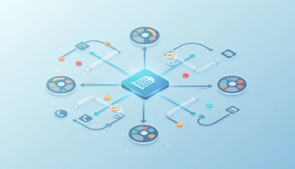 Isometric illustration of a company record linked to contact profiles with routed arrows, automation gears, and colored variable tokens representing personalized workflow routing