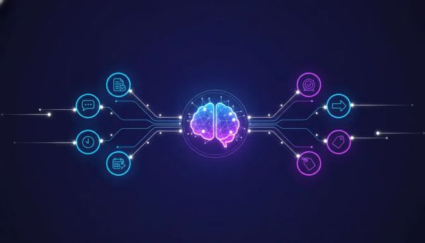 Neon event-driven AI network illustrating real-time triggers flowing into an AI core for instant responses in a CRM workflow.