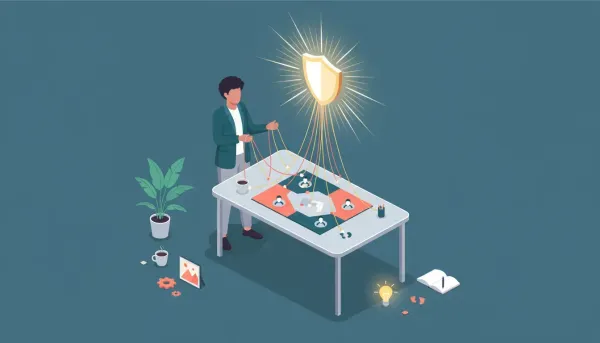 Founder pulling glowing threads from everyday moments that weave into a single brand emblem above an abstract market map, visual metaphor for finding a brand story and owning market position