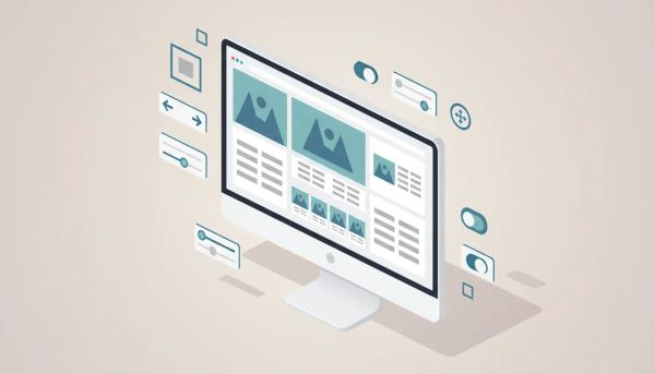 Illustration of a desktop e-commerce product page editor showing product image and details panels with adjustable media size and left/right layout alignment, no text