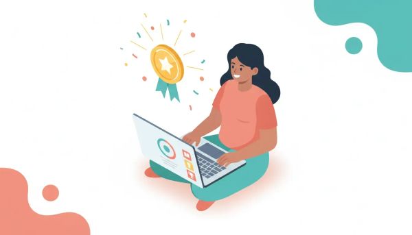 Learner receiving a glowing welcome badge above a digital course dashboard with confetti, symbolizing instant recognition and engagement at enrollment
