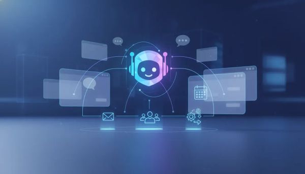 Illustration of a futuristic AI assistant integrated into a CRM dashboard, showing visual workflow automation and task execution symbols with no text.