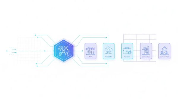 Illustration showing pre-built CRM custom object templates connected from an empty workspace to organized industry-specific modules, with a central hub and icons only (no text).