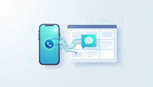 Illustration of a smartphone and web dashboard connected with glowing network lines, representing live WhatsApp calling inside a business platform interface.