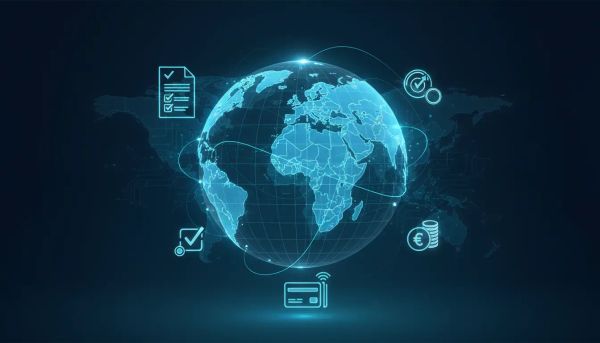 Illustration of global tax compliance for reselling products with a digital globe, connected nodes, and an invoice/checkmark concept