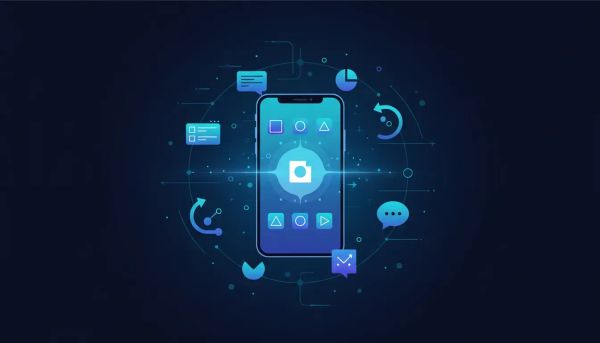 Abstract illustration of AI-powered agency tools represented through icons orbiting a smartphone, conveying managing CRM, pipelines, and automation on mobile—no text.