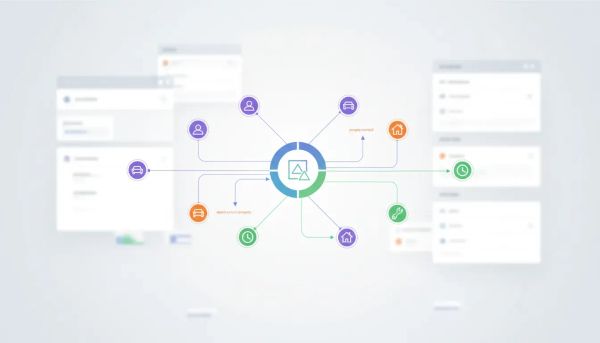 Illustration of interconnected custom objects and associations forming a relational database network inside a CRM interface, shown with connected node icons and lines—no text.
