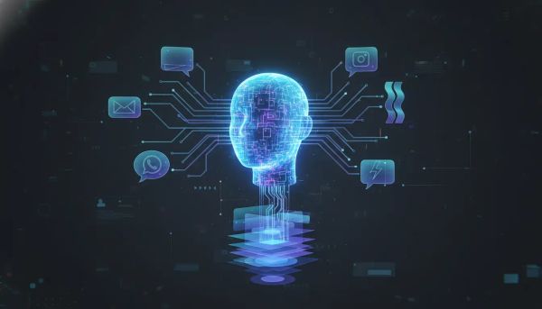Futuristic AI agent pulling complete conversation history from multiple messaging channels through glowing connections and chat bubble holograms.