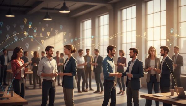Diverse entrepreneurs networking face-to-face at a community event with subtle glowing connection lines symbolizing real business growth