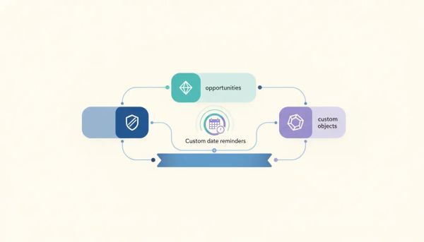 Abstract illustration of workflow automation with custom date reminders connecting opportunities, companies, and custom objects in a GoHighLevel-style network diagram.