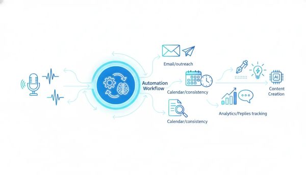 Wordless infographic illustrating an automated podcast PR and content creation workflow with icons for podcast outreach, follow-ups, scheduling, analytics, and AI-assisted content generation