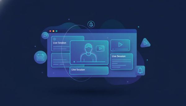 Illustration of an integrated course dashboard featuring embedded live session cards, connected scheduling and reminders, and in-course video playback.