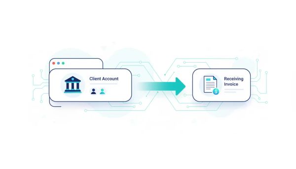 Illustration of ACH bank transfer setup between client bank accounts and invoice payments within a modern agency dashboard, showing automated integration without any text.