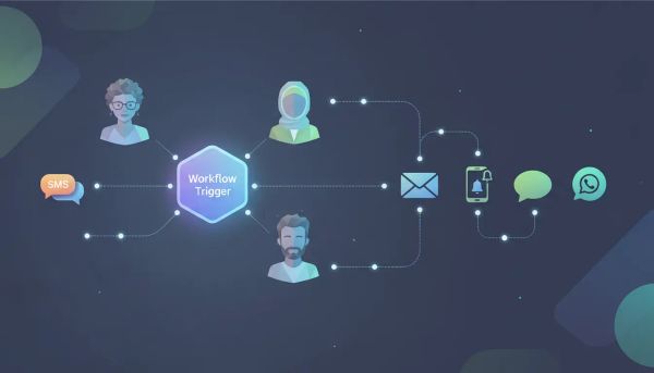 Illustration of a HighLevel-style workflow automation sending internal notifications to team members via SMS, email, in-app mobile push, and WhatsApp with no text.