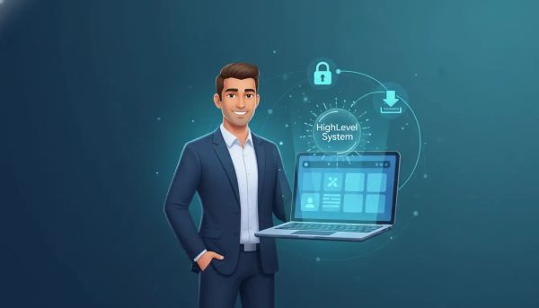 Illustration of a coach using a single digital dashboard to create and deliver monetized digital products with automated payments, shown through glowing icons and connected technology visual