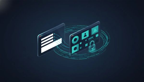 Abstract illustration of automated form submissions from a website flowing into a CRM dashboard using a script connection, represented with glowing lines and data/contact icons without any t