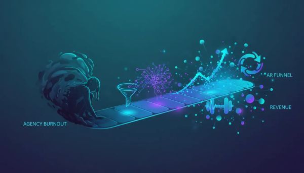 Illustration showing agency burnout fading into a glowing scalable SaaS ecosystem with connected funnel and upward growth signals, representing recurring revenue growth for fitness coaches.