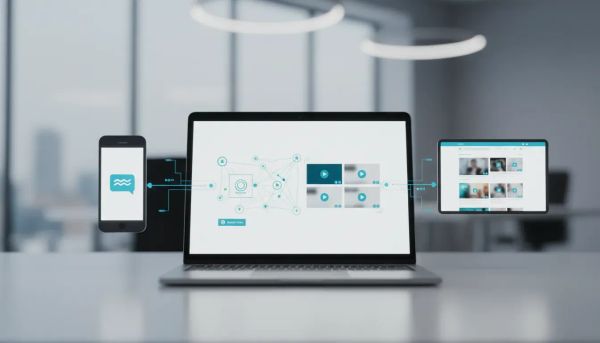 Abstract illustration of a modern CRM interface collecting and displaying video testimonials across email, SMS, and a website, with no text.