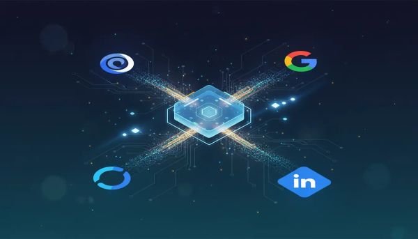 Illustration of a live ads manager API dashboard with data connections linking Facebook, Google, and LinkedIn ad ecosystems for automated campaign reporting in HighLevel.