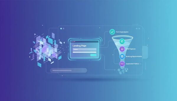 Illustration showing an AI draft transforming into an automated lead funnel connected to a CRM and booking workflow