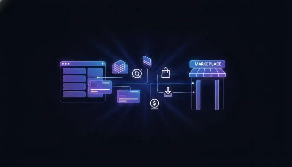 Abstract illustration showing a connected template library and marketplace with floating template cards and transaction/installation icons, representing browsing, previewing, purchasing, ins