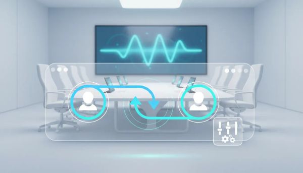 Illustration of a reliable video meeting room with a seamless reconnect flow and host control panel icons, conveying uninterrupted collaboration