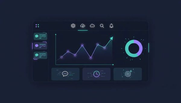 Illustration of a modern SaaS analytics dashboard showing real-time AI agent performance metrics with charts and icon-based session activity tiles, with no text.