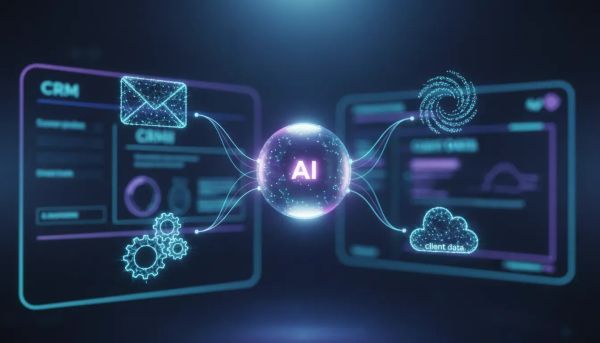 Futuristic holographic AI conversation hub connected to abstract CRM and automation network symbols, with a neon tech dashboard background and no text.
