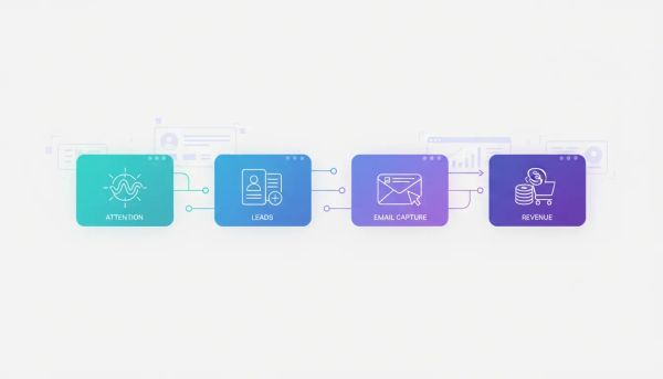 Illustration of a digital product launch funnel inside a marketing automation dashboard, showing attention to leads, email capture, and revenue through connected steps with glowing icons.