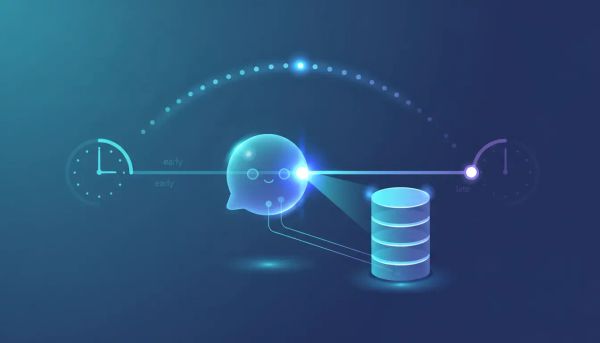 Illustration of a chatbot triggering a knowledge base at the perfect moment using a glowing timeline and precise connection point, showing controlled “right answer” timing