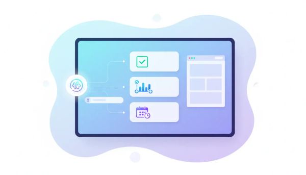 Illustration of an AI studio interface generating lead capture sections, including a form, survey, and booking calendar panels with icons and connecting automation lines